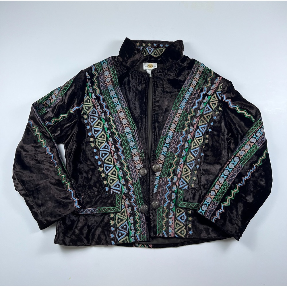 Sandy Starkman Vintage Brown Crushed Velvet Embroidered Jacket Boho Large